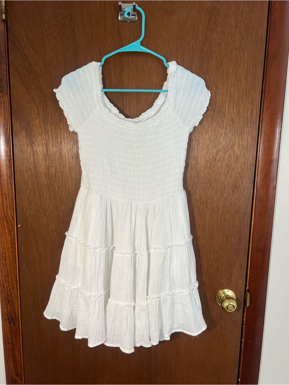 American Eagle Outfitters White Ruffle Tiered Smocked Off the Shoulder Dress